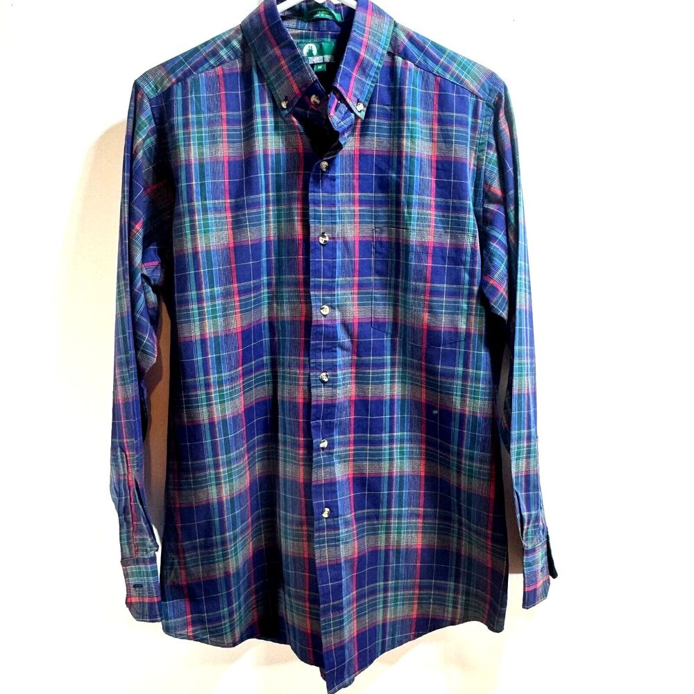 Timber Trail Shirt Mens Medium Blue Red Plaid Button Up PolyCotton Lightweight